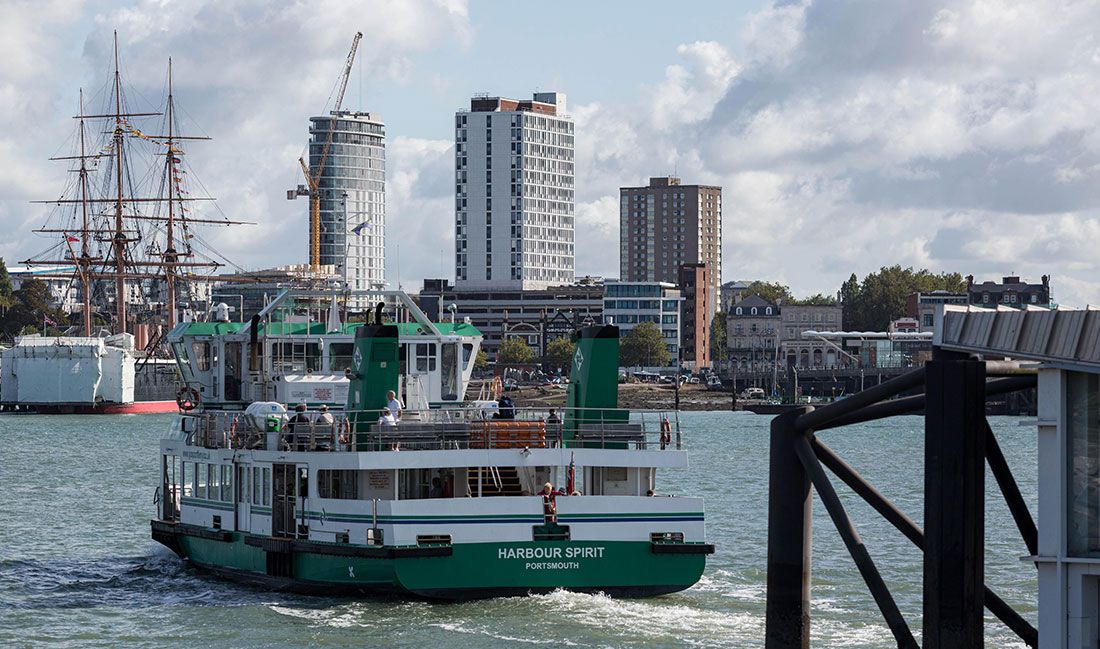 View of Gosport High Street with Spinnaker Tower in background